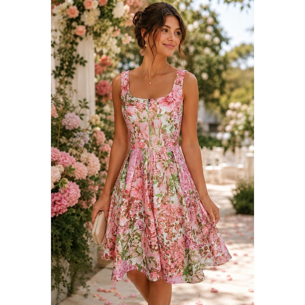 Maison Tara Pink Floral Midi Dress with Green Accents
